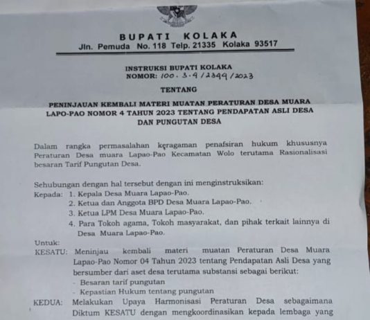 Bupati Kolaka Tangguhkan Perdes Pungutan 10 Juta/Tongkang Desa Muara Lapao-Pao