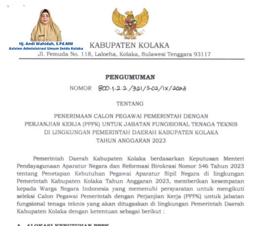 Pengumuman Seleksi PPPK Jabatan Fungsional Tenaga Teknis Pemkab Kolaka Tahun 2023