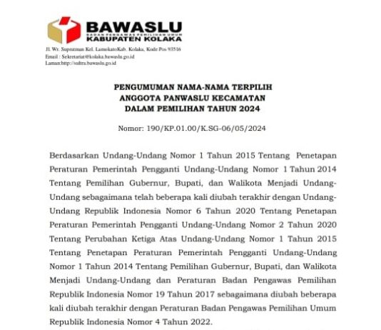 BAWASLU KOLAKA UMUMKAN NAMA-NAMA TERPILIH ANGGOTA PANWASLU KECAMATAN, BERIKUT DAFTARNYA